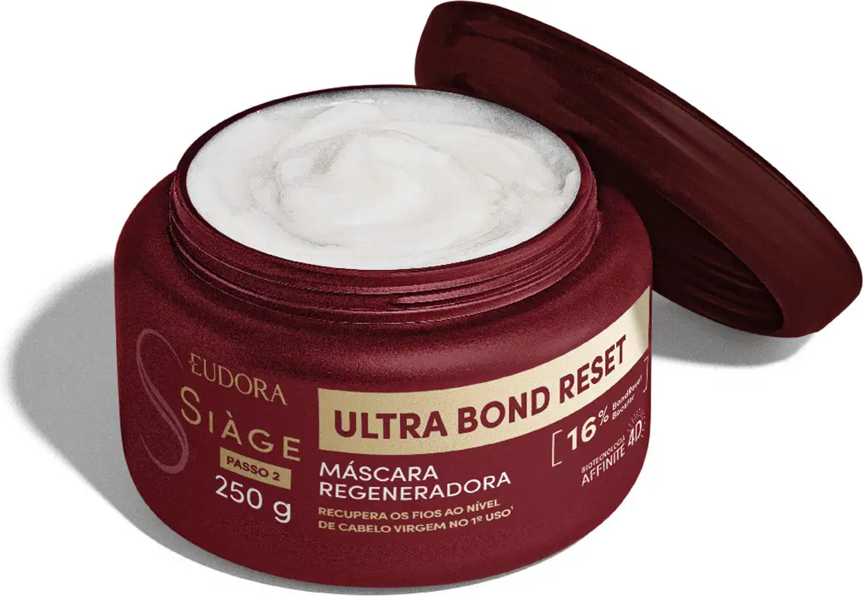 Pote de máscara regeneradora da marca Siàge, com tampa vermelha escura, rótulo com texto "Ultra Bond Reset" em dourado, contendo 250g do produto.