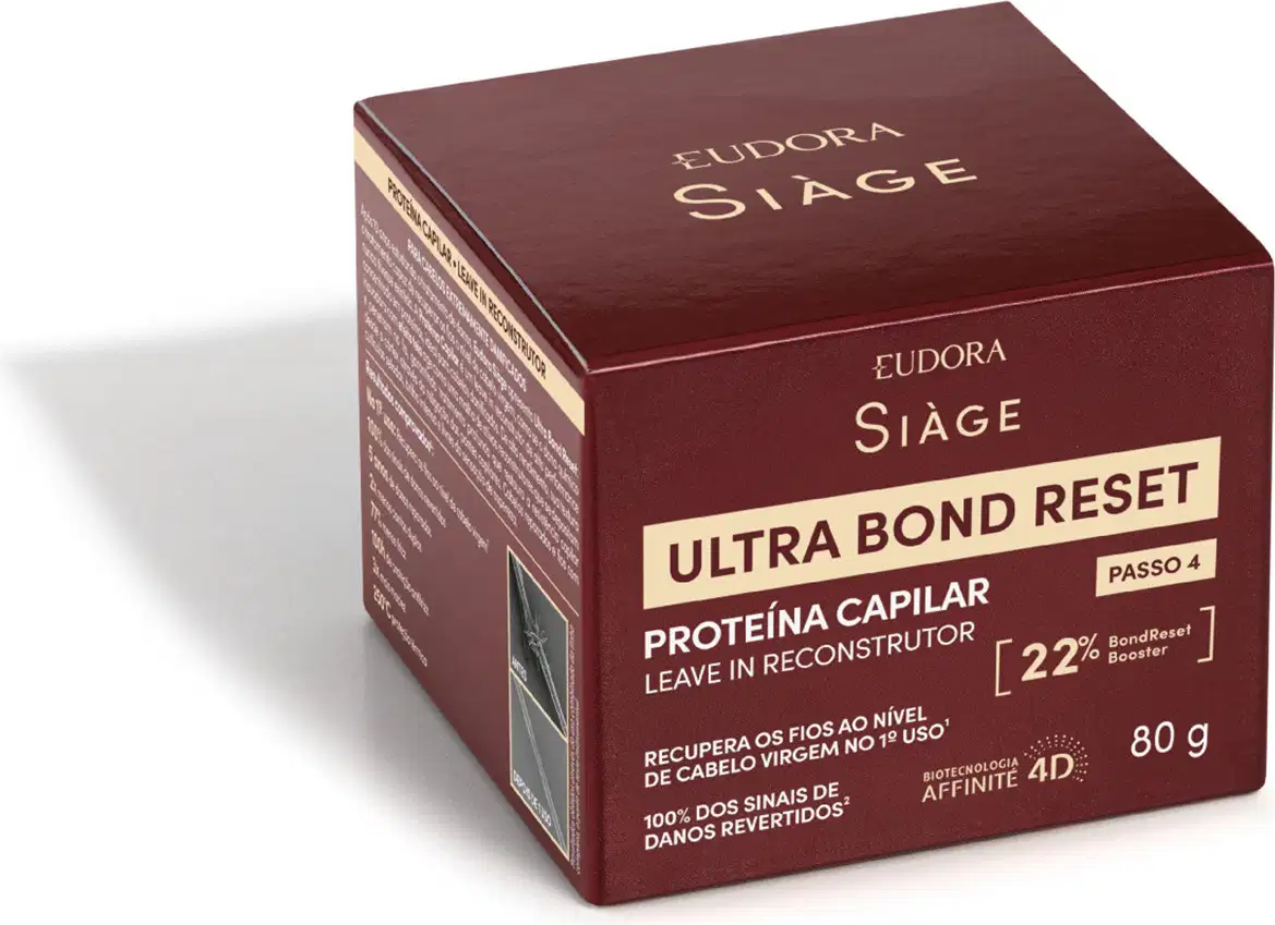 Caixa vinho da linha Siàge contendo produto capilar Ultra Bond Reset com proteína capilar, para recuperação de cabelos danificados, com texto informativo sobre o produto.