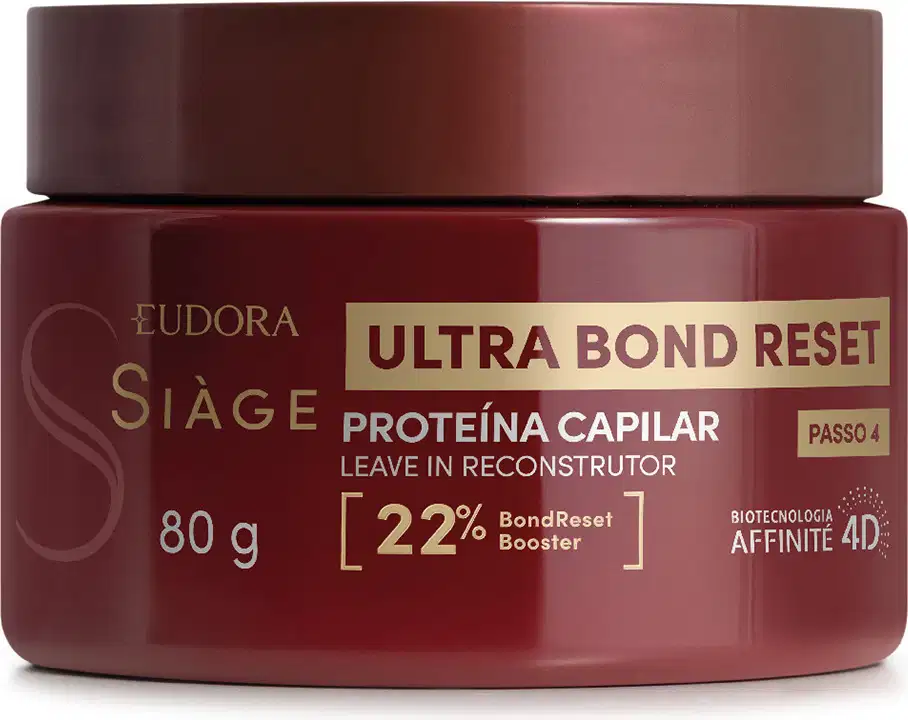 Pote de tratamento capilar da marca Siàge, na cor vinho-avermelhada, com rótulo destacando "Ultra Bond Reset" e "Proteína Capilar" como benefícios.