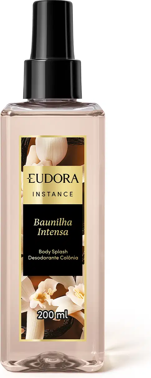 Frasco de 200 ml do body splash desodorante colônia Eudora Instance, com rótulo em preto e amarelo destacando a fragrância "Baunilha Intensa".