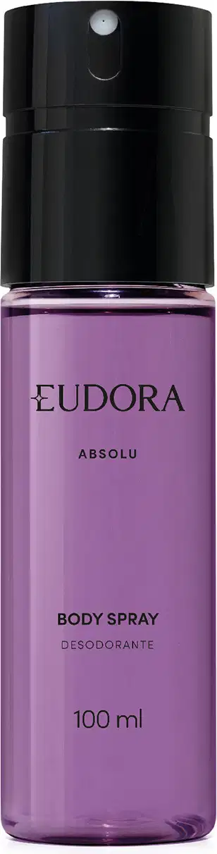 Frasco transparente, com conteúdo roxo claro, de item de perfumaria da marca Eudora. Na embalagem está escrito o nome "Absolu" e indicação de "Body Spray Desodorante" em texto preto. Em formato cilíndrico com tampa preta.