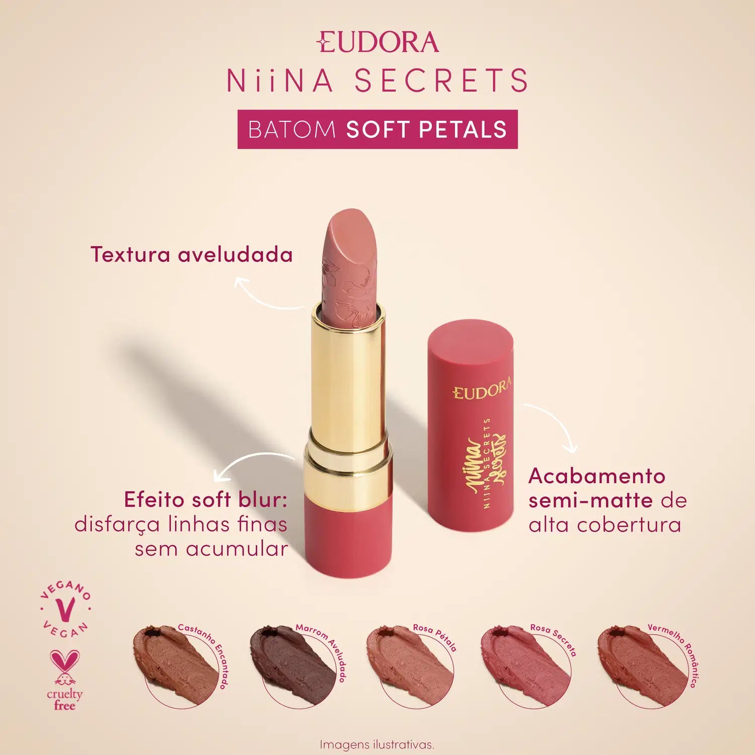 Imagem do batom aberto centralizado. Ao redor, o texto: Textura aveludada; Efeito soft blur; Acabamento semi-matte. Apresenta 5 tonalidades de batom: Castanho Encantado, Marrom Aveludado, Rosa Pétala, Rosa Secreta e Vermelho Romântico.