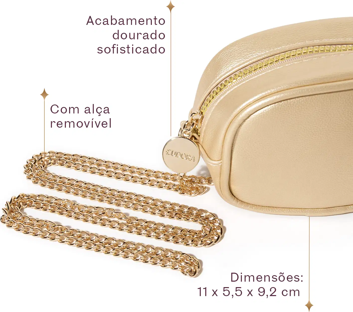 Bolsa clutch dourada com zíper, com alça removível. Possui acabamento sofisticado e detalhes em dourado. Dimensões: 11 x 5,5 x 9,2 cm. Produto com design elegante e moderno.
