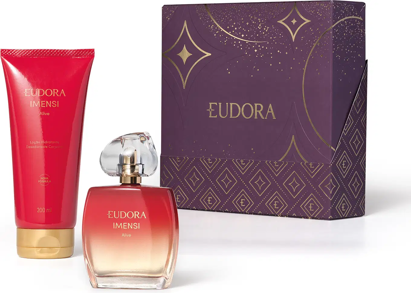 Conjunto de produtos de beleza da marca Eudora Imensi, incluindo um frasco do Desodorante Colônia e outra do Creme Hidratante, além de uma embalagem decorativa roxa com detalhes dourados, indicando que é kit presente de dia dos namorados.
