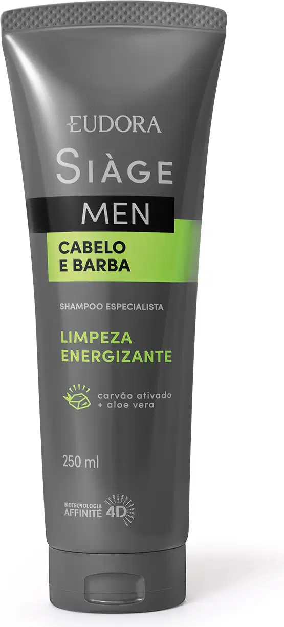 Frasco de shampoo masculino da marca Siàge, na cor cinza com detalhes verdes, com rótulo destacando "Cabelo e Barba" e "Limpeza Energizante".