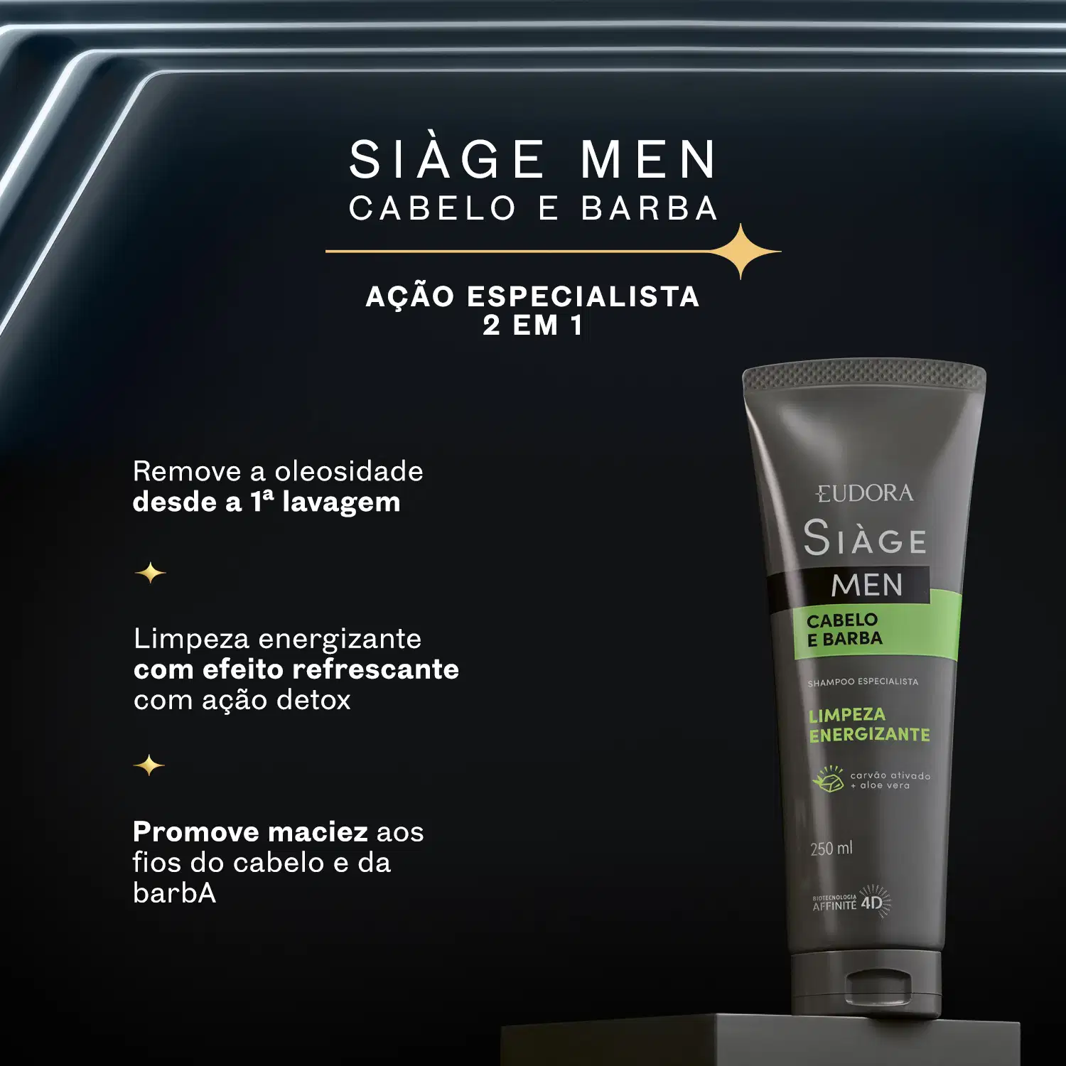 Embalagem de shampoo da marca Siàge Men com texto "Cabelo e Barba", "Ação especialista 2 em 1", "Remove a oleosidade desde a 1ª lavagem", "Limpeza energizante com efeito refrescante com ação detox" e "Promove maciez aos fios do cabelo e da barba".