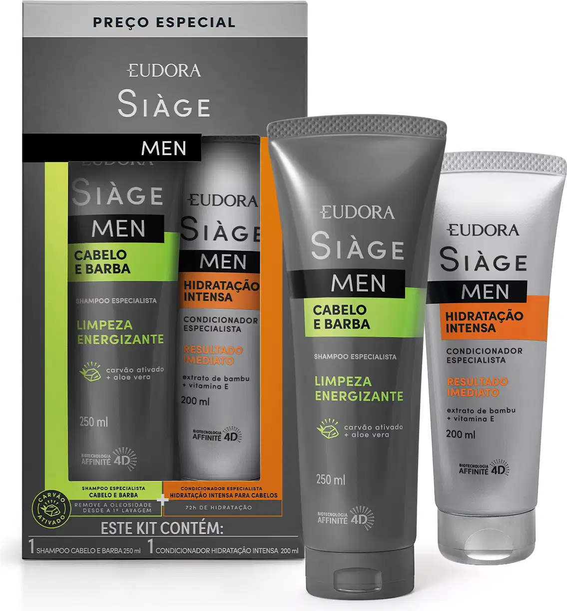 Kit de produtos para cabelo e barba da marca Siàge, contendo shampoo especialista de limpeza energizante e condicionador especialista de hidratação intensa, com embalagens predominantemente cinza e verde.