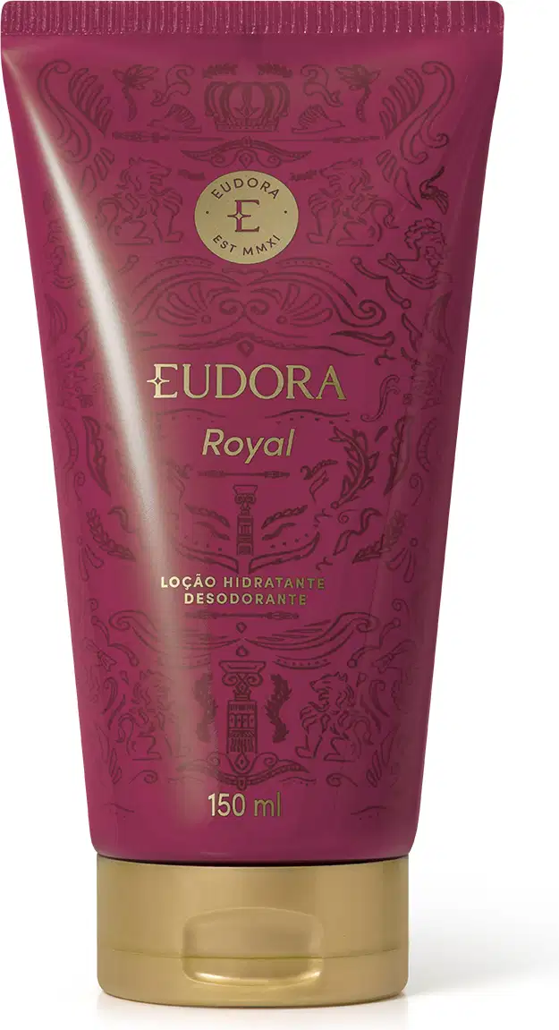 Tubo de loção hidratante desodorante da marca Eudora, na cor roxa com detalhes dourados, contendo 150 ml do produto. O rótulo apresenta o nome "Eudora Royal" em destaque.