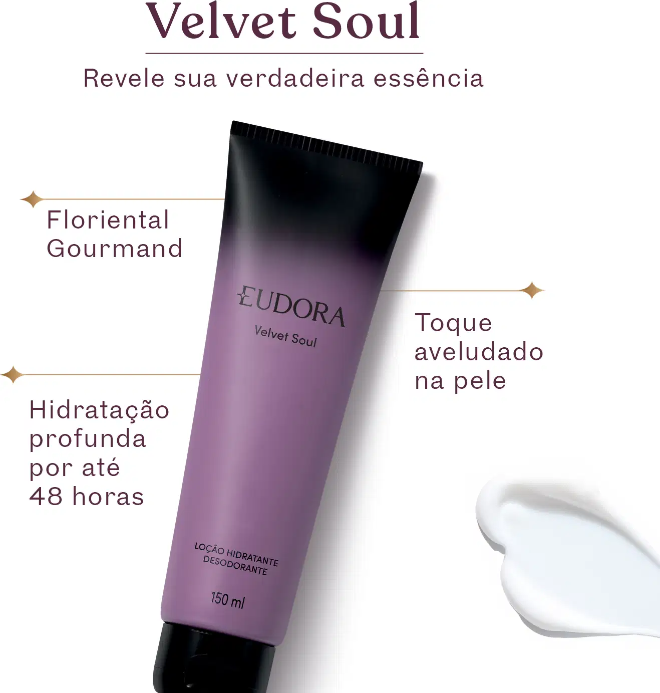 Card com produto ao meio, com texto sobre os benefícios e características, como: Foriental Gourmand, Hidratação profunda por até 48 horas e Toque aveludado na pele. Em cima, com a chamada: Velvet Soul: Revele sua verdadeira essência.