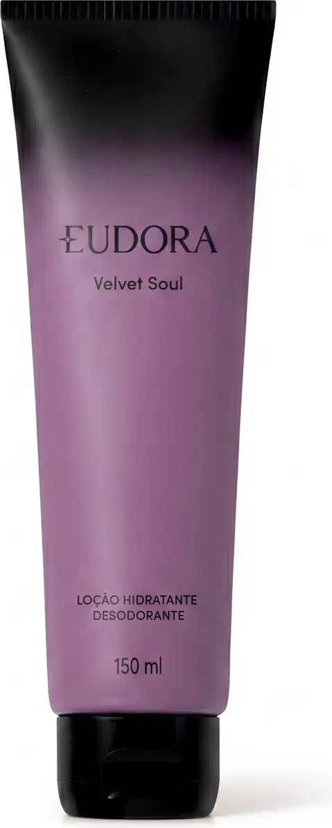 Tubo preto e roxo com o texto "EUDORA Velvet Soul" em destaque. Embalagem de item de corpo e banho com design elegante e minimalista, contendo 150 ml de loção hidratante desodorante corporal.