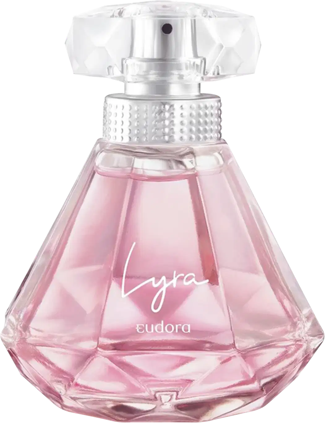 A imagem mostra o Desodorante Colônia Lyra, da marca Eudora, em frasco de vidro transparente com formato geométrico facetado como uma joia luxuosa. O líquido dentro é de cor rosa claro.