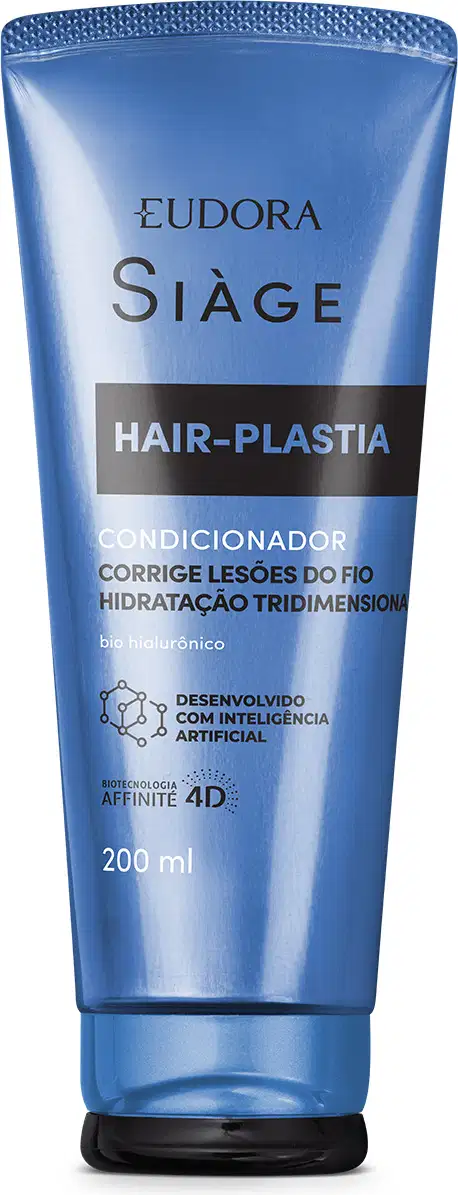 Frasco de condicionador Siàge Hair-Plastia, com embalagem tipo bisnaga nas cores azul e cinza, com tampa na parte inferior.O rótulo destaca a tecnologia Affinity 4D e a promessa de corrigir danos do fio e hidratar os cabelos. 200 ml.