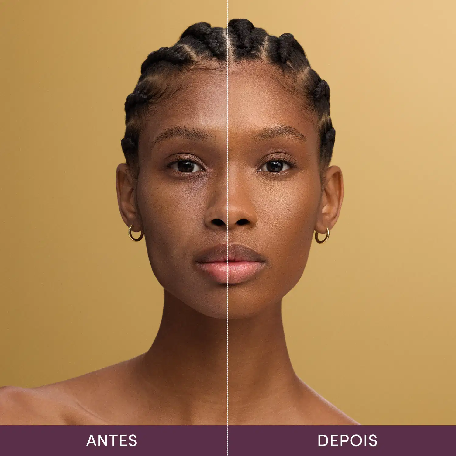 Imagem retratando o Antes e Depois de usar o produto Corretivo Líquido. É uma mulher de pele preta, com foco na transformação da aparência por conta do item de maquiagem.