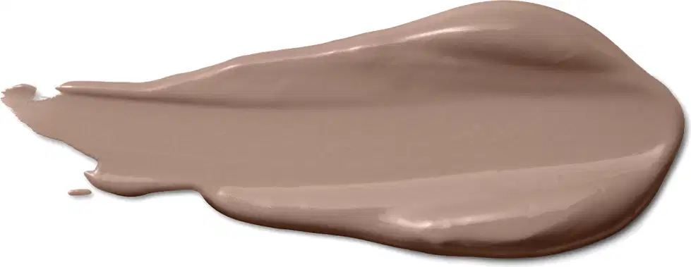 A textura do produto corretivo líquido apresenta uma aparência cremosa e suave, com uma tonalidade bege clara e uniforme. 