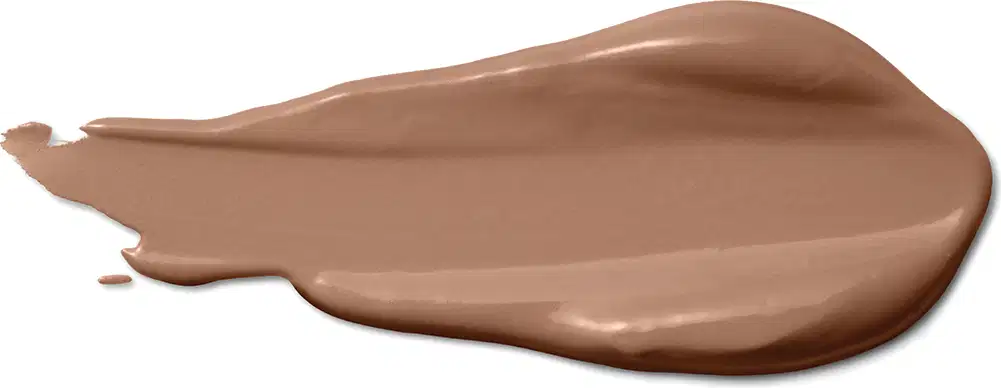 A textura do produto corretivo líquido apresenta uma aparência cremosa e suave, com uma tonalidade marrom clara e uniforme. 