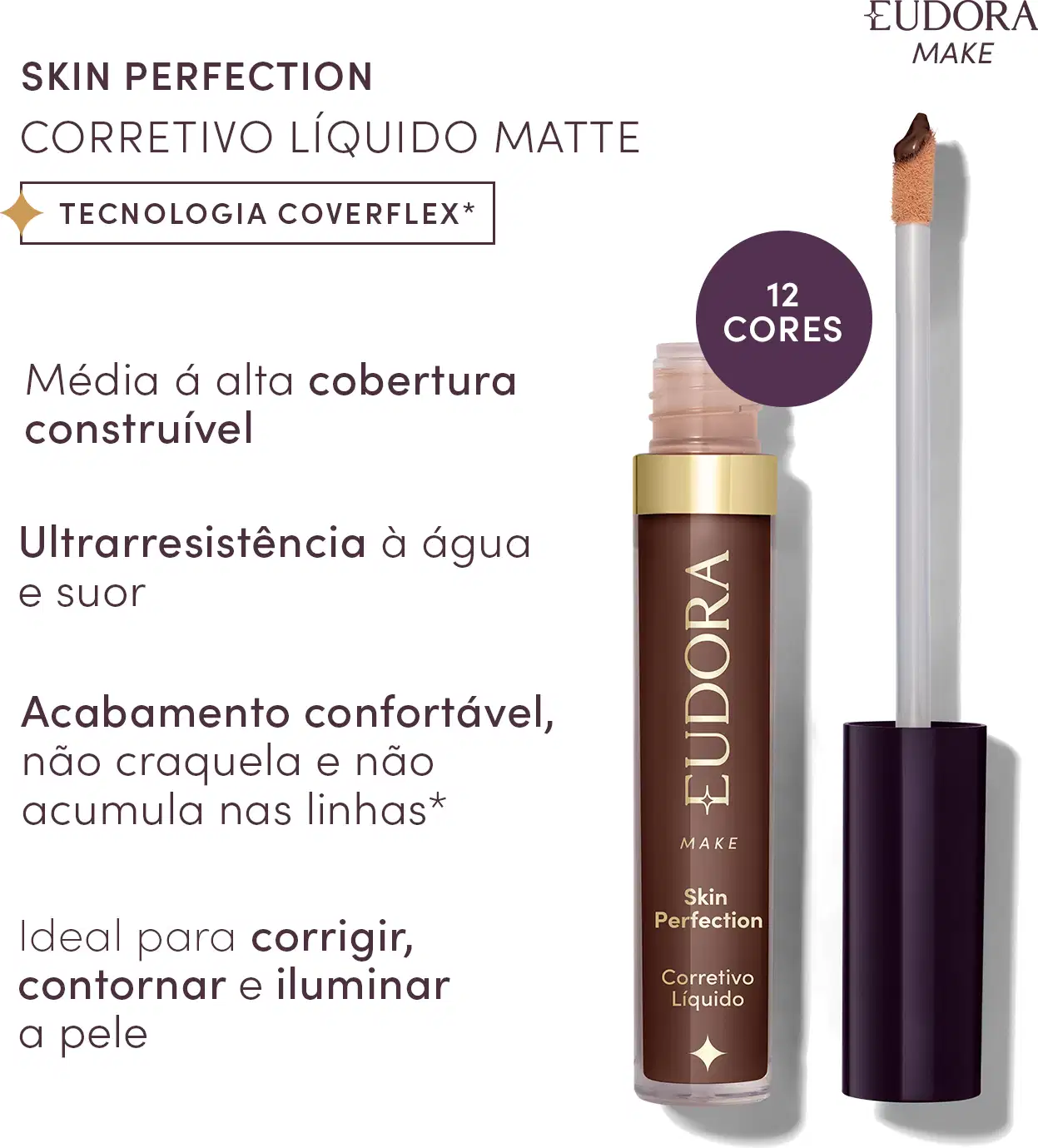Texto: Skin Perfection Corretivo Líquido Matte. Tecnologia Coverflex, média à alta cobertura construível, ultrarresistência à água e suor, acabamento confortável, não craquela e não acumula nas linhas, ideal para corrigir, contornar e iluminar a pele.
