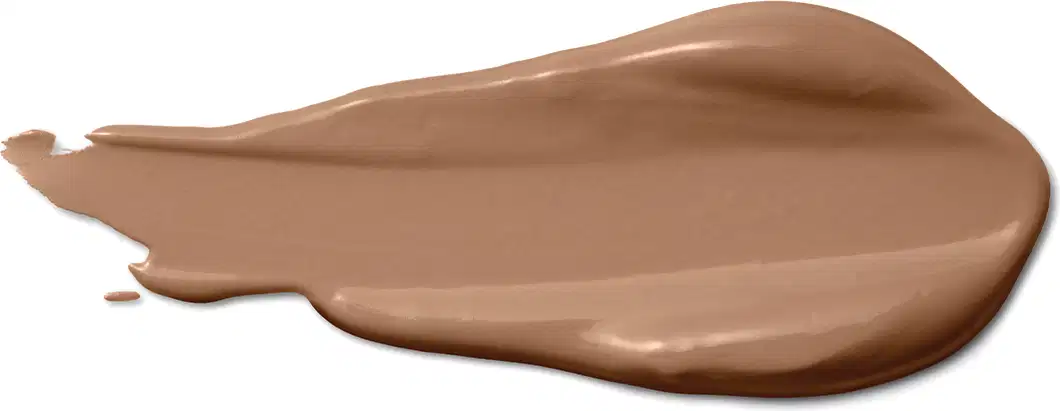 A textura do produto corretivo líquido apresenta uma aparência cremosa e suave, com uma tonalidade marrom e uniforme. 