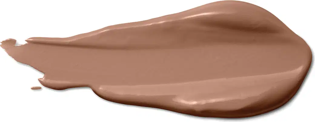 A textura do produto corretivo líquido apresenta uma aparência cremosa e suave, com uma tonalidade marrom e uniforme. 