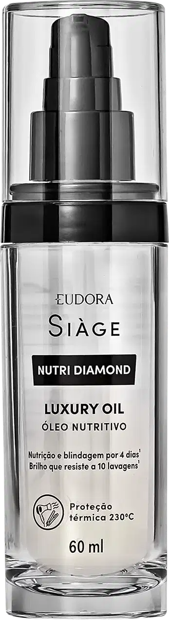Frasco de vidro transparente contendo óleo nutritivo da linha Siàge Nutri Diamond, com rótulo preto e branco destacando o nome do produto e suas propriedades, como proteção térmica e brilho duradouro.