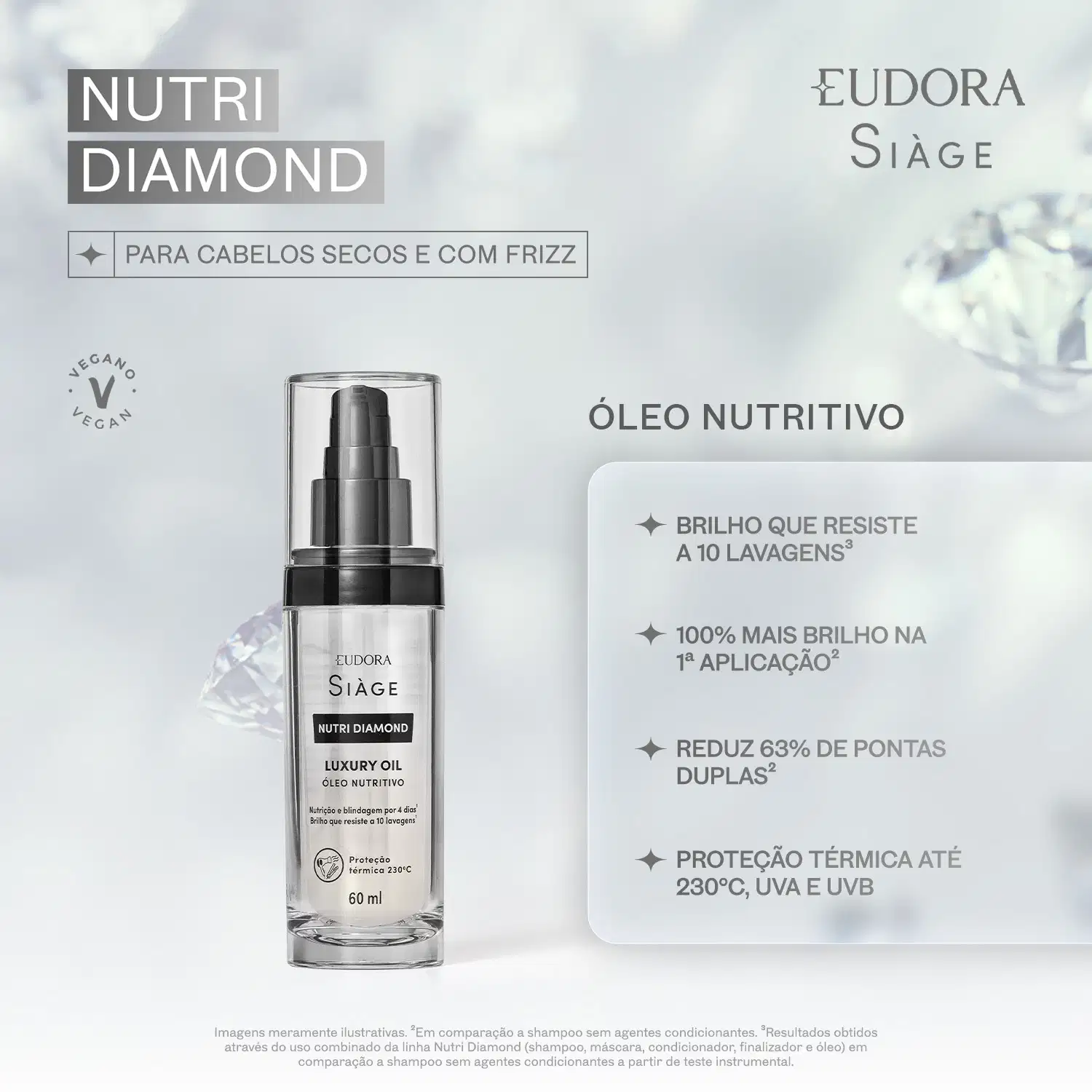 O ambiente apresenta um produto de cuidados capilares da marca Siàge, com destaque para o óleo nutritivo Nutri Diamond, em um cenário com fundo claro e detalhes em tons de cinza e branco, sugerindo um contexto de cuidados com cabelos secos e com frizz.