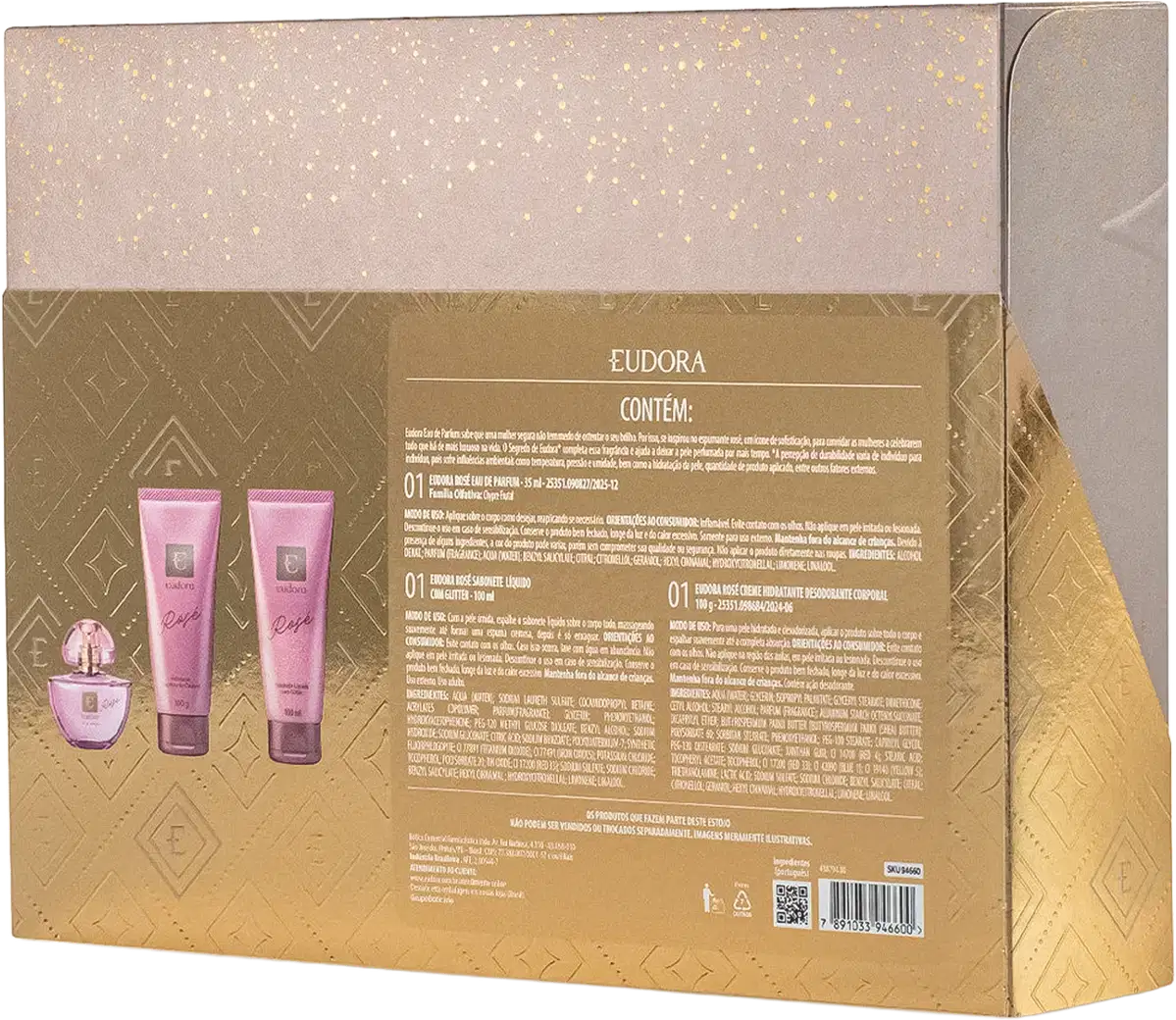 Kit Eudora com embalagem dourada contendo frasco de perfume rosa, dois tubos de loção corporal rosa e caixa de presente com acabamento glitter bege e detalhes geométricos.