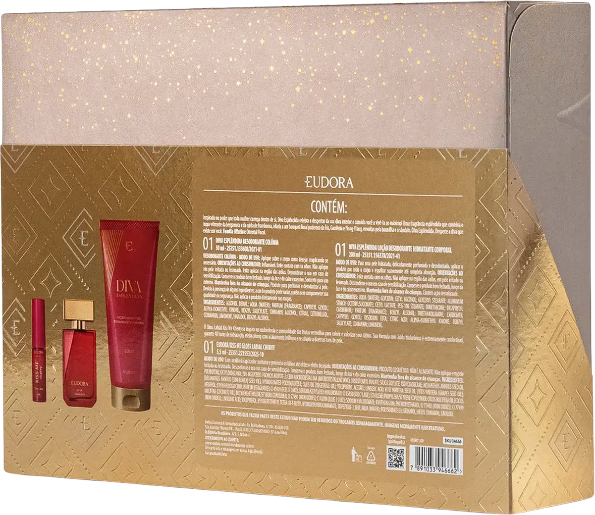Kit Eudora Diva com três produtos em embalagem dourada e rosa: frasco de perfume vermelho, tubo de creme e miniatura. Caixa com padrão geométrico e detalhes em ouro.