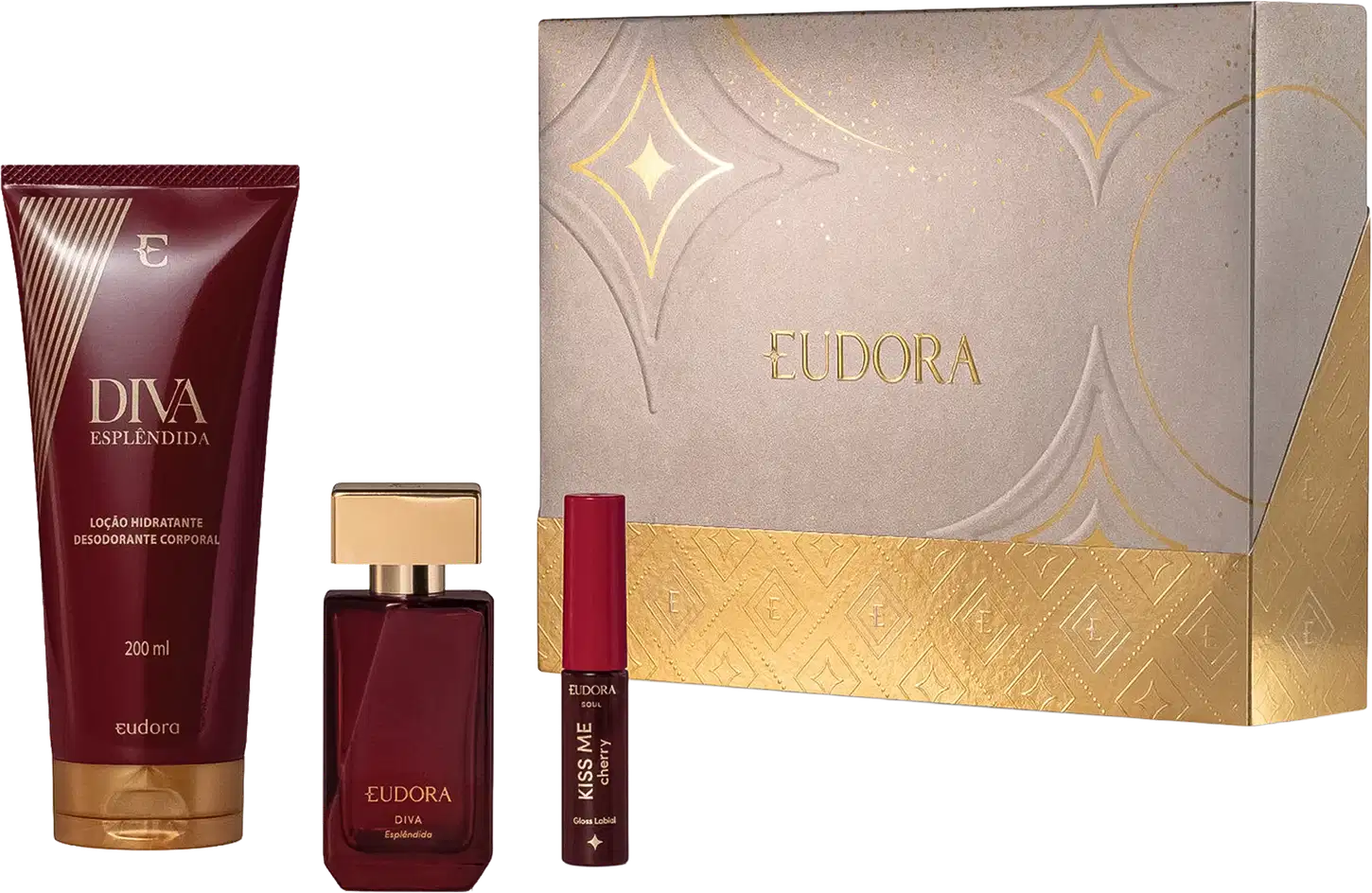 Kit Diva Esplendida Eudora contém loção hidratante 200ml em frasco vermelho, perfume em frasco quadrado vermelho com tampa dourada e gloss labial cherry. Embalagem luxuosa bege e dourada.