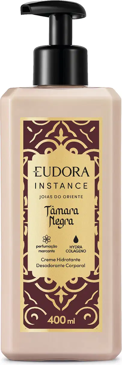 Frasco de plástico com bomba doseadora preta, rótulo com design dourado e marrom, contendo item de cuidados corporais da marca Instance Joias do Oriente com fragrância de Tâmara Negra.
