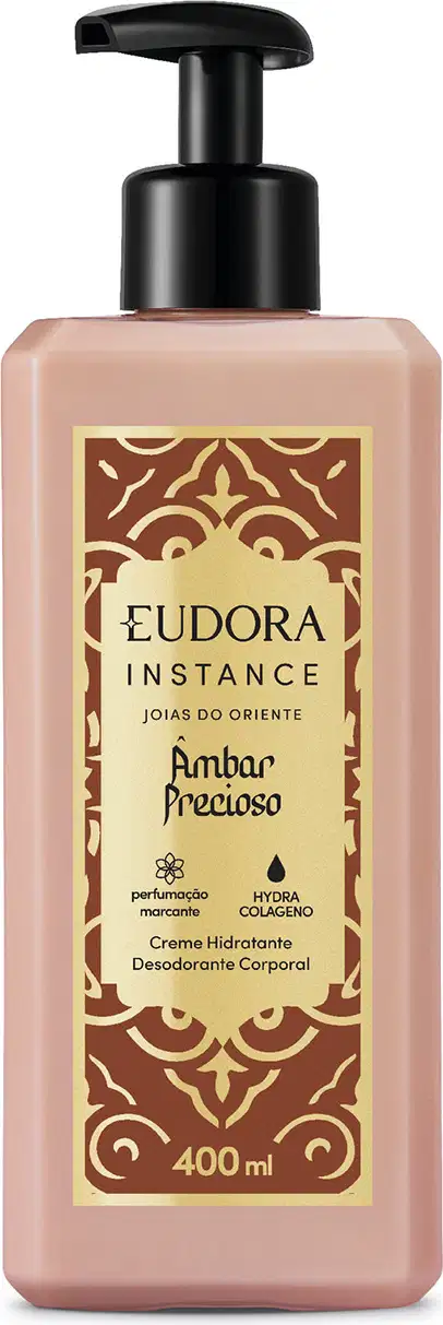 Frasco de plástico com bomba doseadora preta, rótulo com design dourado e marrom, contendo item de cuidados corporais da marca Instance Joias do Oriente com fragrância de Âmbar Precioso.
