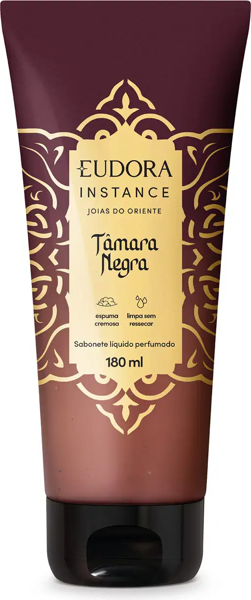 Frasco de sabonete líquido perfumado da marca Eudora Instance Joias do Oriente, na cor marrom com detalhes dourados, contendo 180 ml do produto na fragrância Tamara Negra.