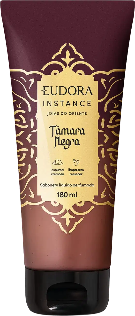 Sabonete líquido perfumado Eudora Instance Tâmara Negra em embalagem tube de 180ml. Frasco com predominância de cores marrom e dourado, decorado com padrões ornamentais. Rótulo destaca "espuma cremosa" e "limpa sem ressecar".