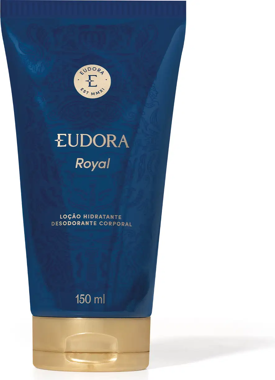 Tubo de loção hidratante desodorante corporal da marca Eudora, na cor azul escuro com detalhes dourados. O rótulo exibe o nome "Eudora Royal" e indica que o produto possui 150 ml.