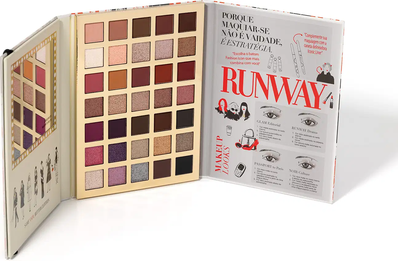 Paleta de sombras de olhos com 35 cores em tons neutros e quentes, embalada em uma caixa com design gráfico que se abre em três faces, com tutorial de make na terceira face. Inspirada na revista Runway Magazine.