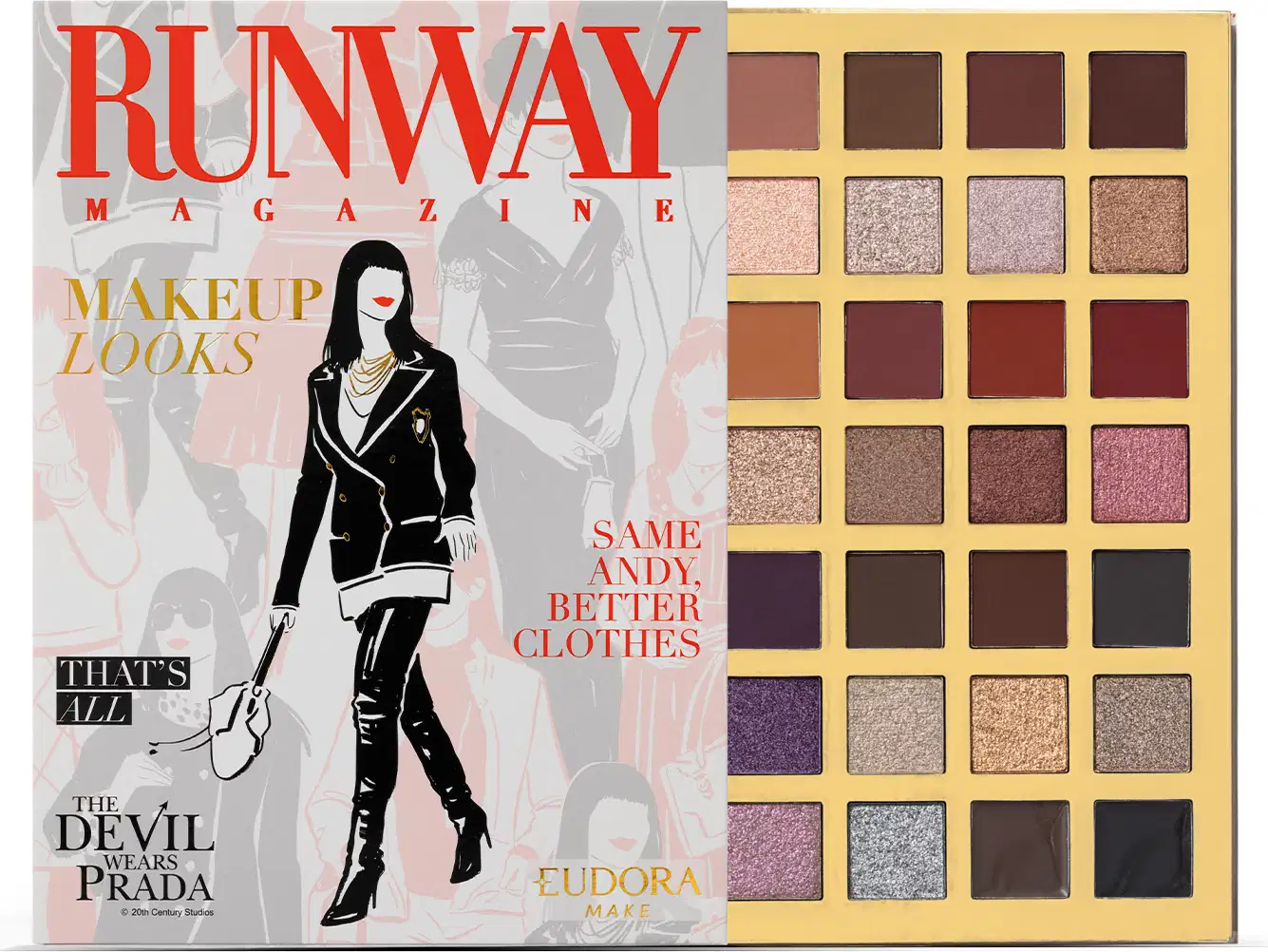 Caixa de paleta de sombras de maquiagem da marca Eudora entreaberta. Capa da Runaway Magazine, escrito 'Same Andy, better clothes', pois se trata de uma collab de O Diabo Veste Prada.