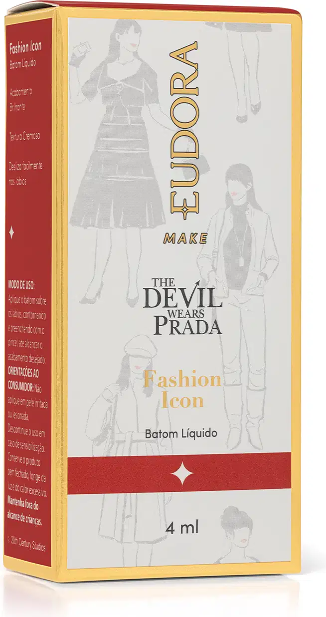 Caixa retangular com rótulo "Eudora Make The Devil Wears Prada Fashion Icon Batom Líquido" e imagem de silhuetas de pessoas vestidas com roupas elegantes. 