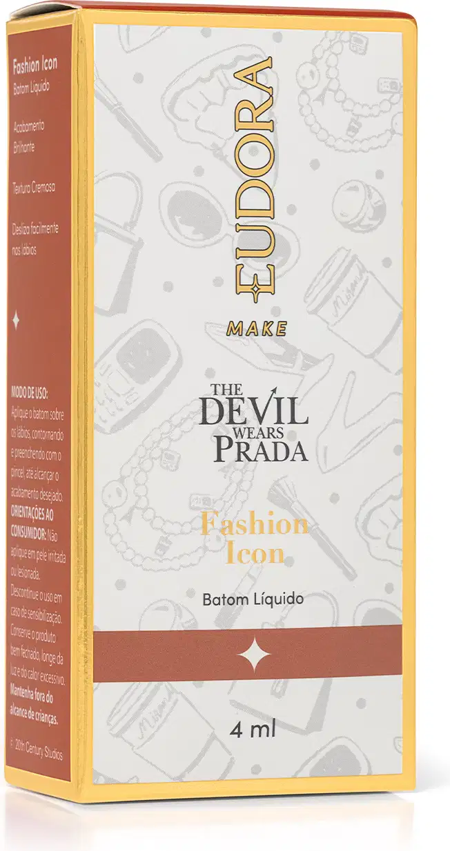 Caixa retangular com rótulo "Eudora Make The Devil Wears Prada Fashion Icon Batom Líquido" e imagem de silhuetas de pessoas vestidas com roupas elegantes. 