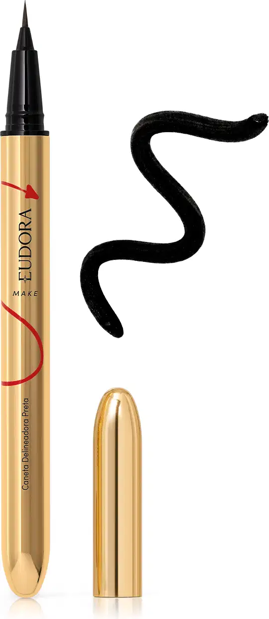 Caneta delineadora preta com ponta fina em embalagem dourada da marca Eudora. O produto possui um design elegante e minimalista, com o nome da marca destacado em vermelho.