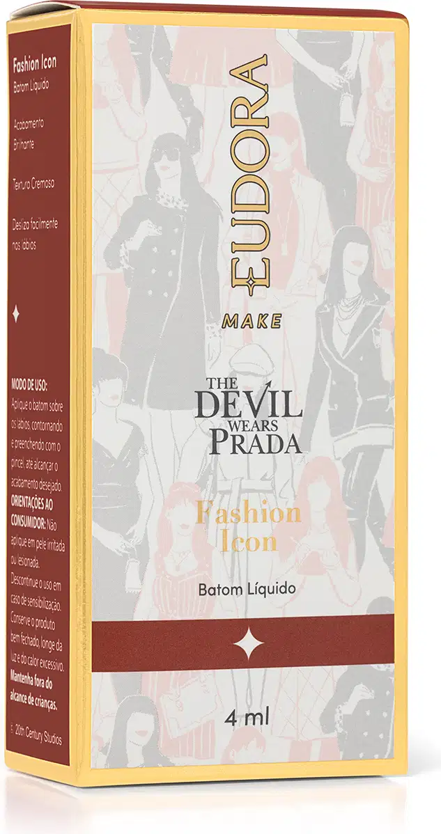 Caixa retangular com rótulo "Eudora Make The Devil Wears Prada Fashion Icon Batom Líquido" e imagem de silhuetas de pessoas vestidas com roupas elegantes. 
