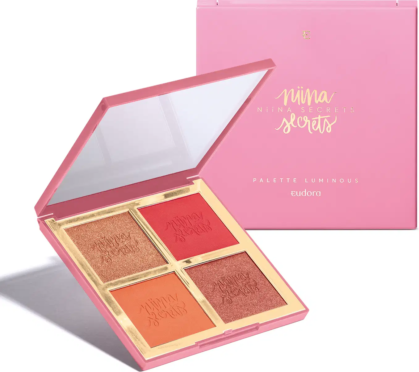 Paleta Luminous Niina Secrets by Eudora em embalagem rosa com espelho. Contém 4 cores em tons de bronze, vermelho, laranja e marsala. Acabamento brilhante com detalhes em dourado. Caixa rosa com logo dourado.