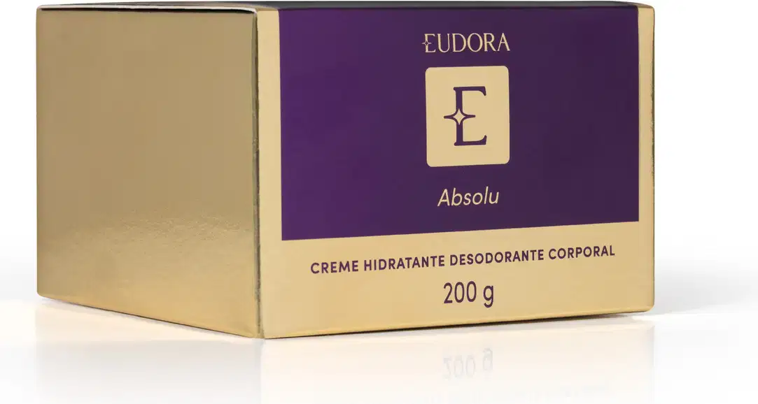 Embalagem do Creme hidratante desodorante corporal da marca Eudora, na cor roxa e dourada, em embalagem retangular de 200 g com rótulo destacando o nome "Absolu".