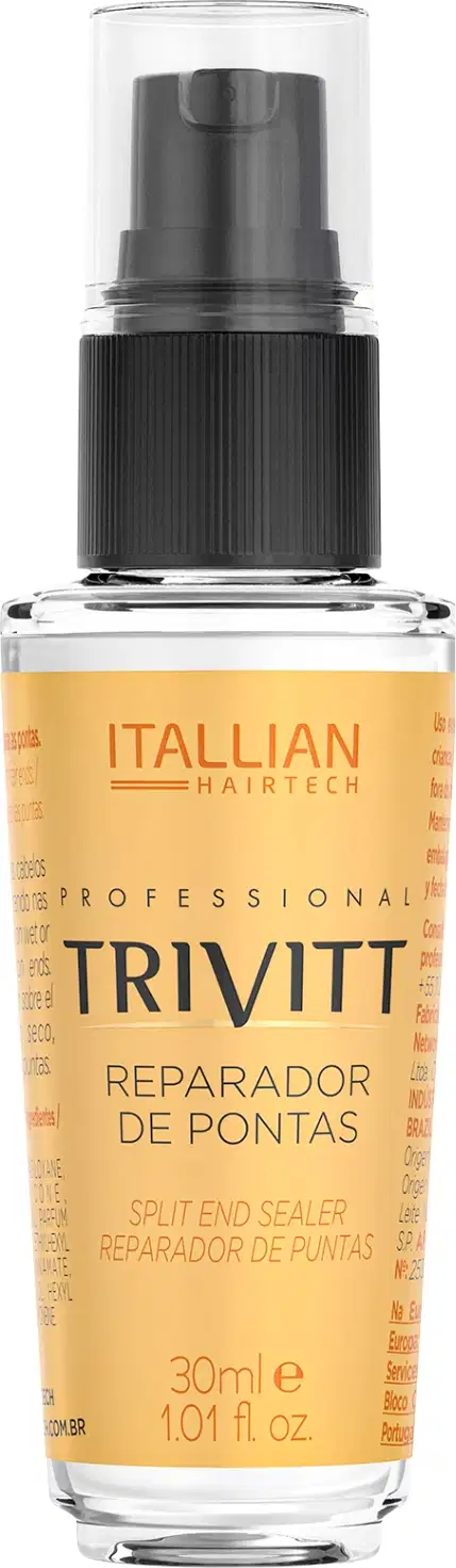 Produto para reparação de pontas dos cabelos da marca Itallian Hairtech. Frasco transparente de vidro com líquido amarelo claro. Embalagem de 30ml ou 1.01 fl oz.