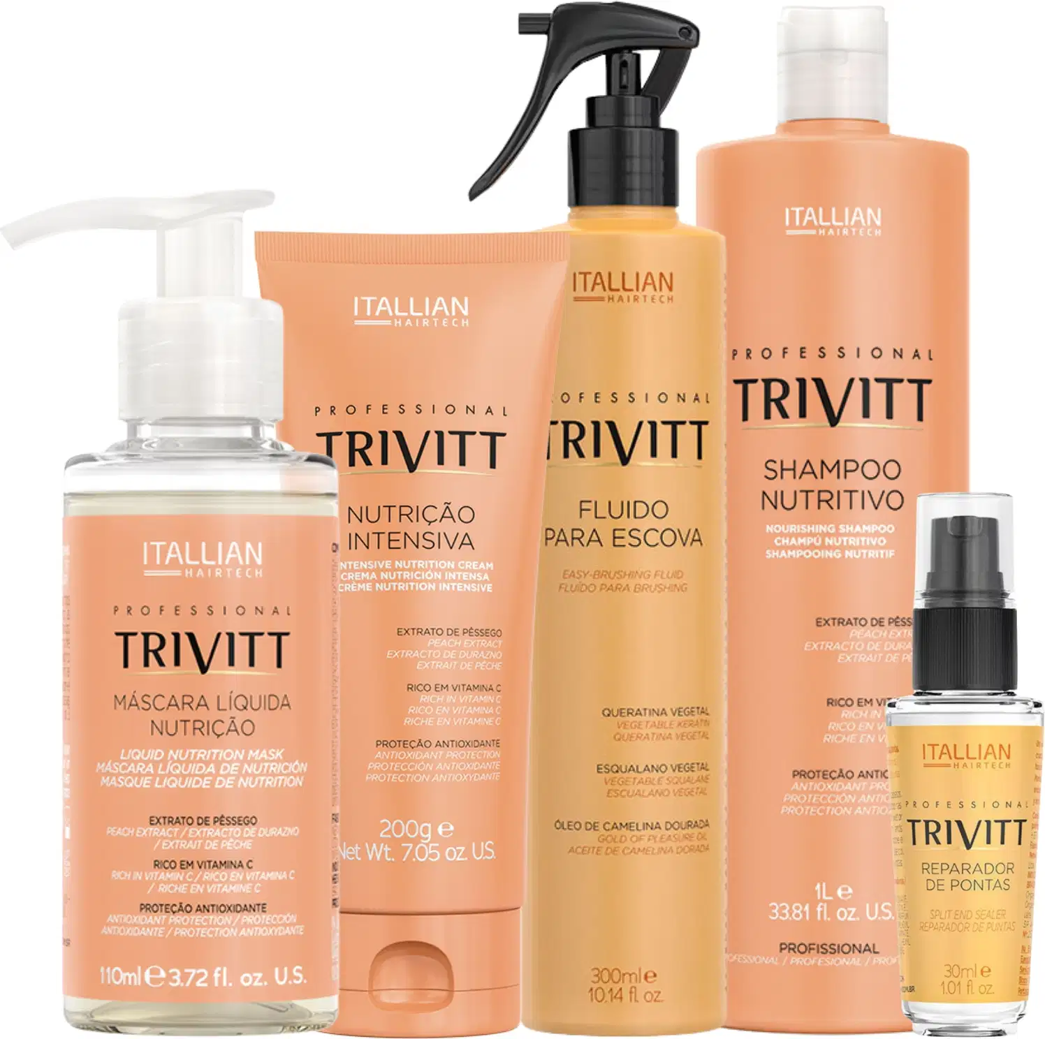 Produtos de cuidados capilares da marca Itallian Hairtech da linha Trivitt. Inclui shampoo 1l, creme de nutrição de 200g, máscara líquida de de 110ml, fluido para escova de 300g e reparador de pontas de 30ml.