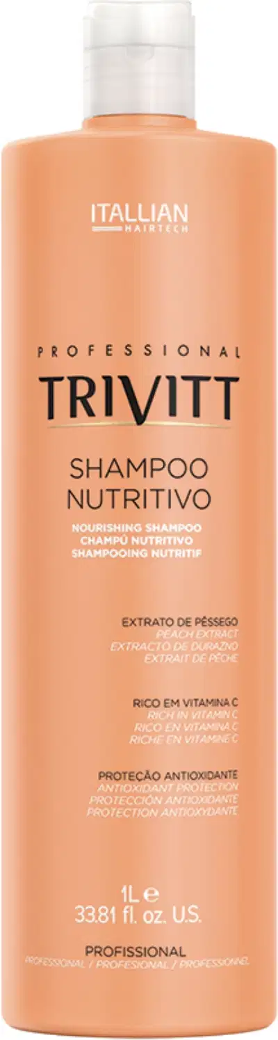 Shampoo nutritivo da marca Trivitt, linha profissional da Itallian Hairtech. Embalagem plástica na cor bege, formato cilíndrico. Volume de 1 litro.