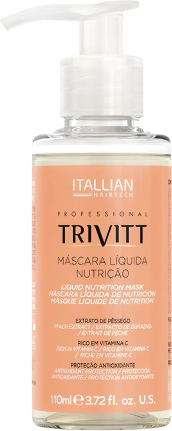 Máscara líquida nutritiva Trivitt da marca Italian Hairtech. Frasco transparente com líquido alaranjado e tampa branca de bomba. Volume de 110ml ou 3.72 fl. oz.