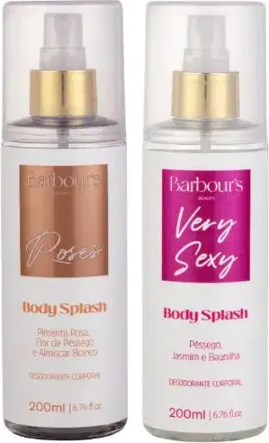 Dois frascos de produtos de beleza da marca Barbour's Beauty. Um é um Body Splash com rótulo rosa e texto "Very Sexy", o outro é um Body Splash com rótulo marrom e texto "Roses". Ambos os frascos têm tampas douradas e contêm 200ml do produto.