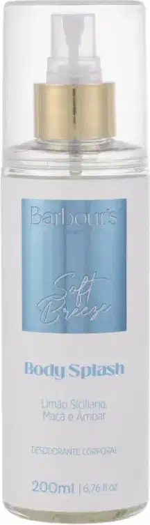 Frasco de corpo Barbour's Beauty Soft Breeze, com 200ml, em embalagem transparente com tampa dourada, rótulo azul claro com texto "Body Splash".
