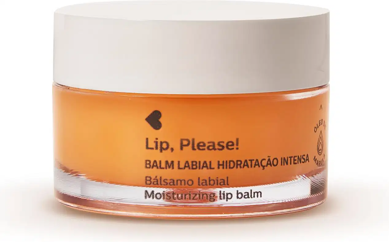 Pote de tampa branca e rótulo laranja com detalhe branco e letras pretas contendo 8g de balm labial de hidratação intensa da marca Lip, Please! Quem Disse, Berenice?.