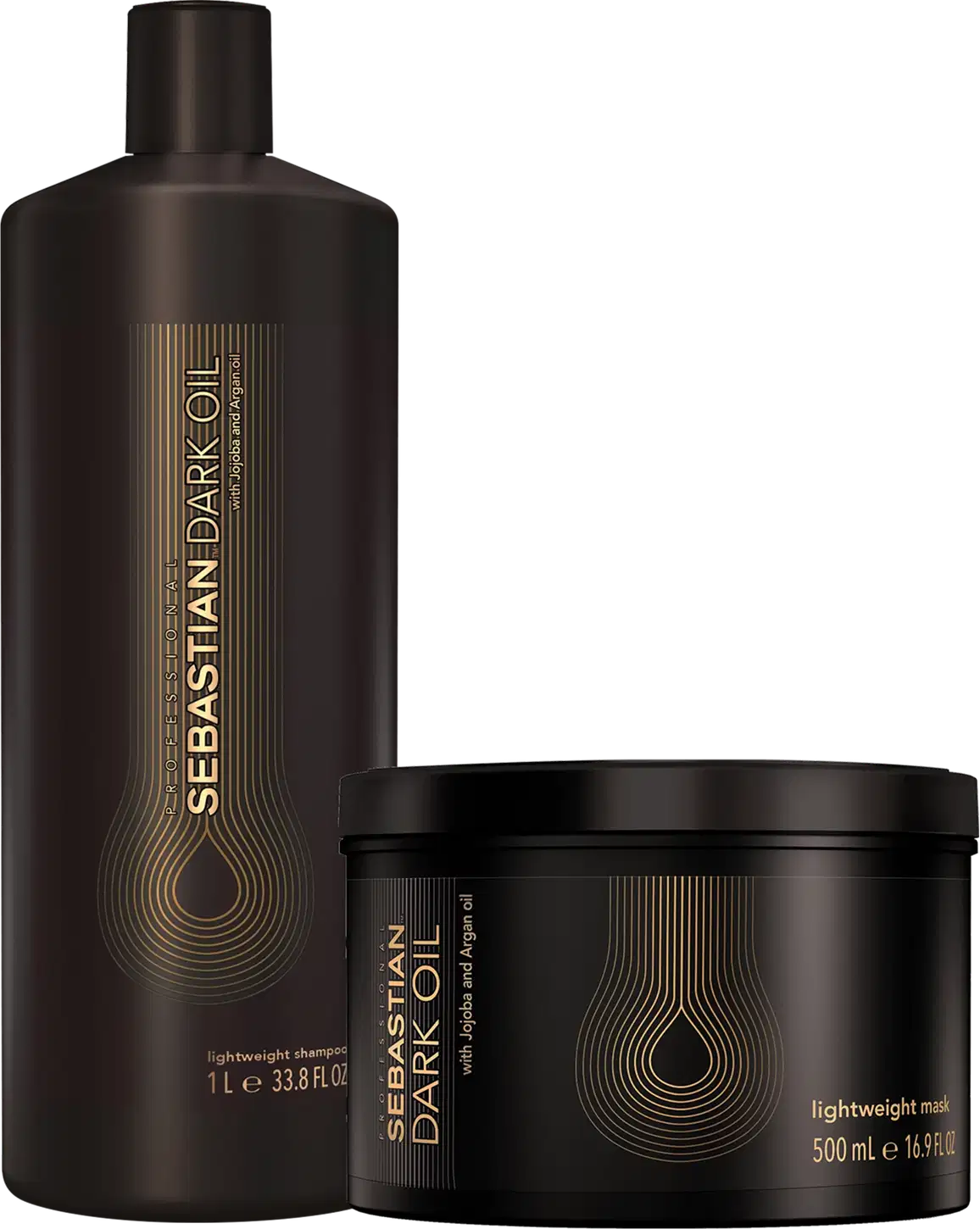 Sebastian Dark Oil é uma linha de produtos para cabelos. O conjunto inclui um shampoo leve de 1 litro em um frasco cilíndrico marrom escuro com detalhes dourados impressos. Há também uma máscara leve de 500ml em um pote redondo marrom escuro.