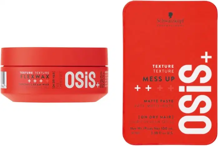 Kit Schwarzkopf Professional da linha OSIS+, com Pasta Matificante Mess Up e Cera Modeladora Flexwax.