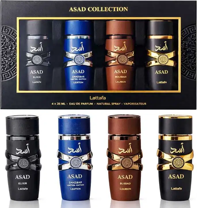 A coleção de perfumes Asad da Lattafa, composta por 4 frascos de 25ml cada, em embalagens pretas, azuis, marrons e douradas, com rótulos destacando os nomes dos perfumes: Elixir, Zanzibar, Bouban e Lattafa.